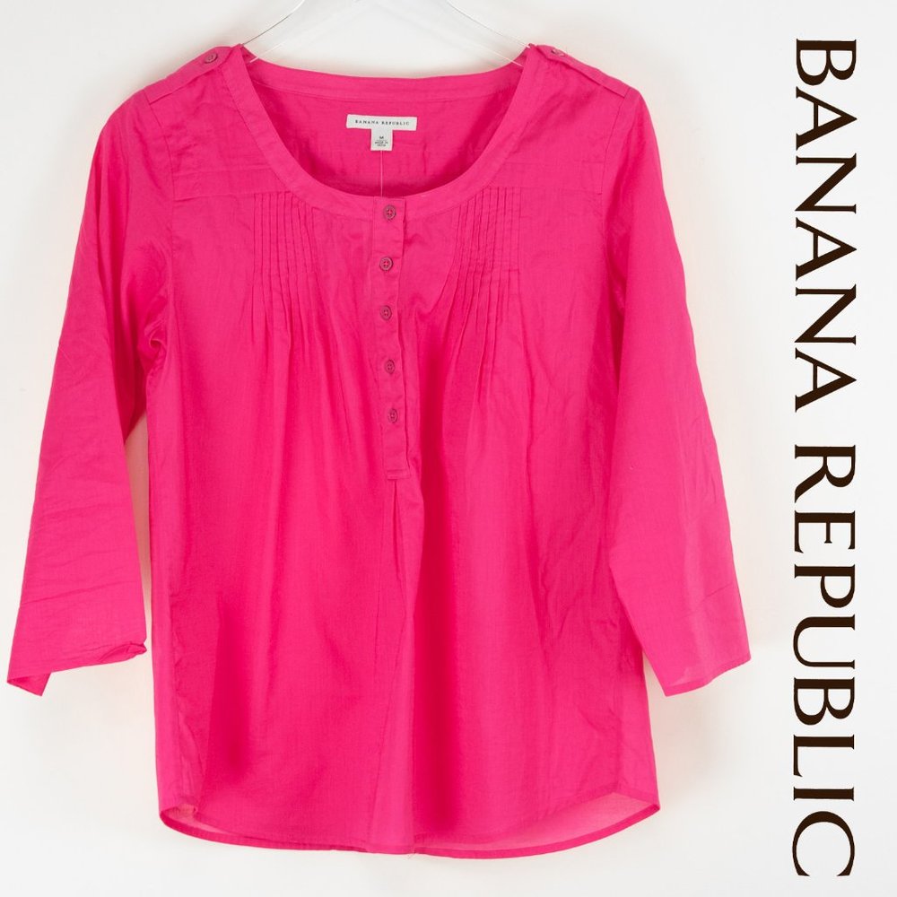 Banana Republic Shirt Cotton Blouse Quarter Sleeve Bright Pink Size Medium New